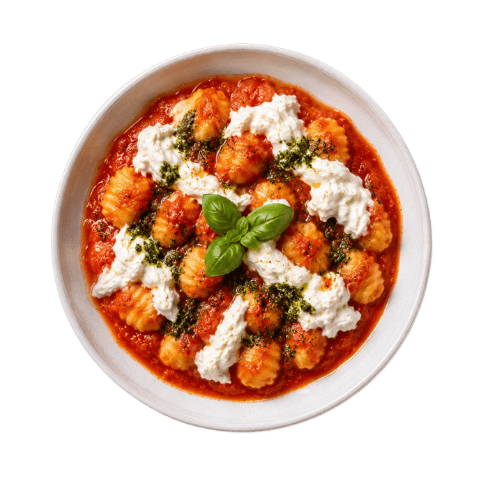 Gnocchi à la napolitaine, sauce tomate, stracciatella et pesto