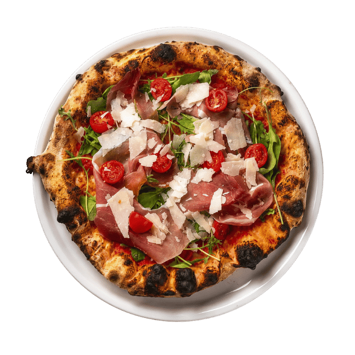 Pizza Crudo, jambon cru, roquette et copeaux de parmesan