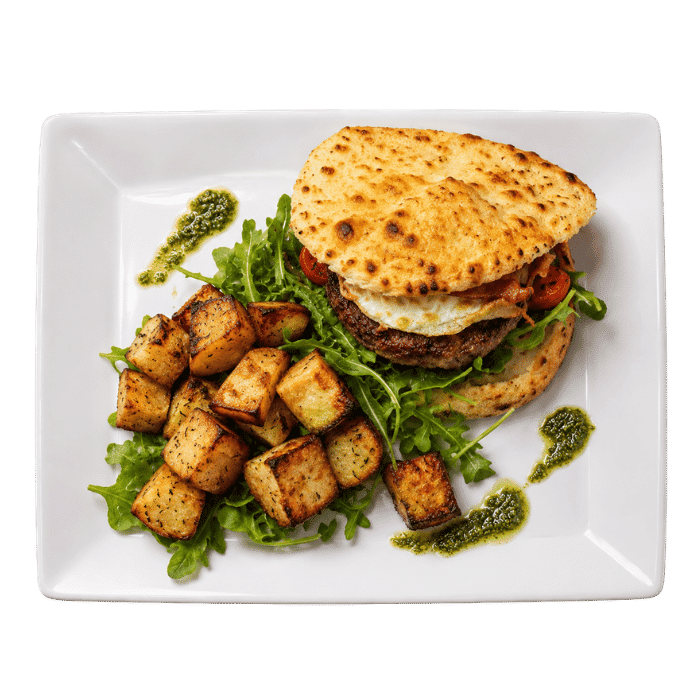 Le burger de pizza maison du chef, roquette et pommes de terre